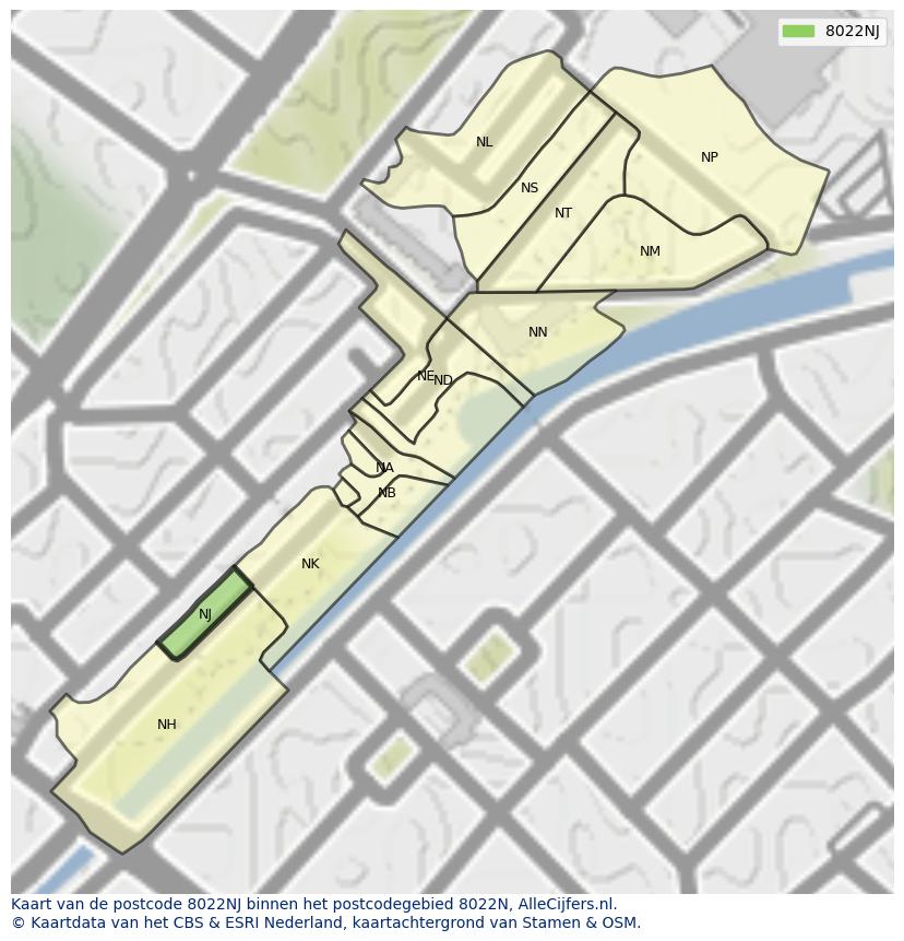 Afbeelding van het postcodegebied 8022 NJ op de kaart.