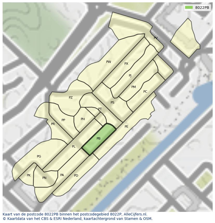Afbeelding van het postcodegebied 8022 PB op de kaart.