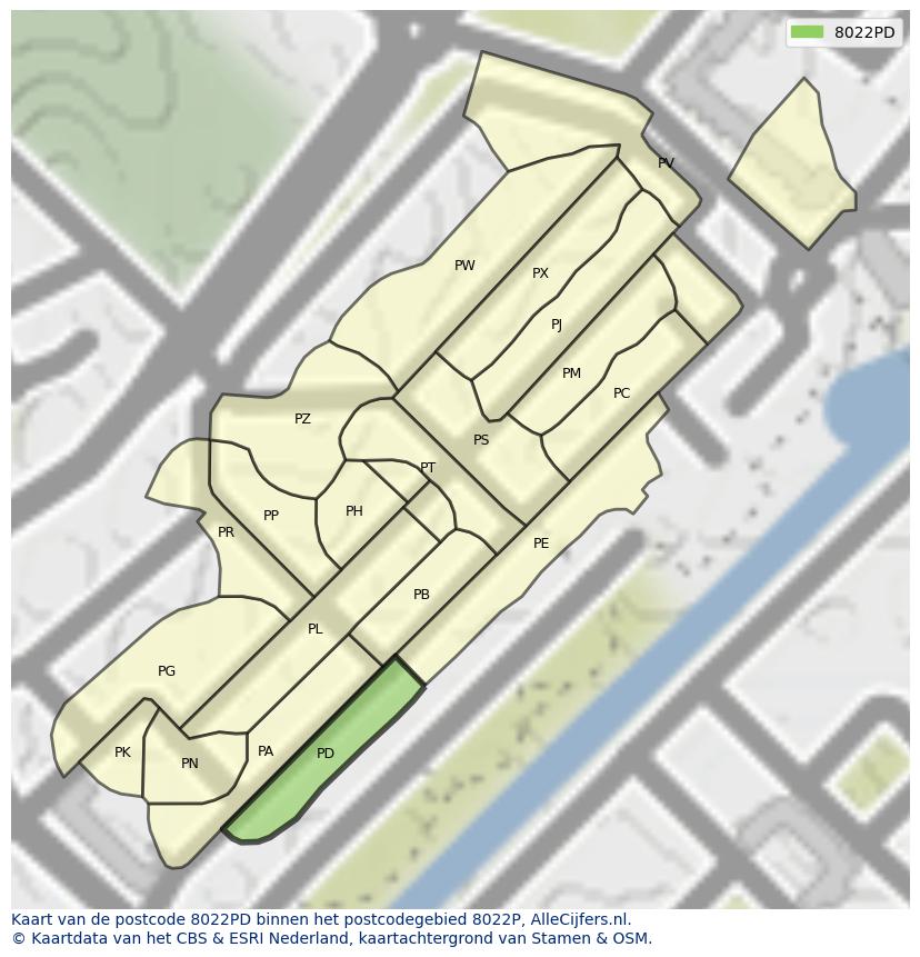 Afbeelding van het postcodegebied 8022 PD op de kaart.