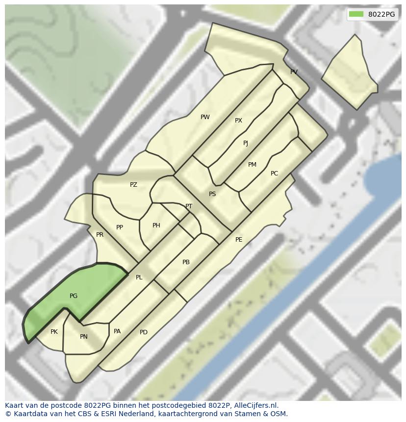 Afbeelding van het postcodegebied 8022 PG op de kaart.