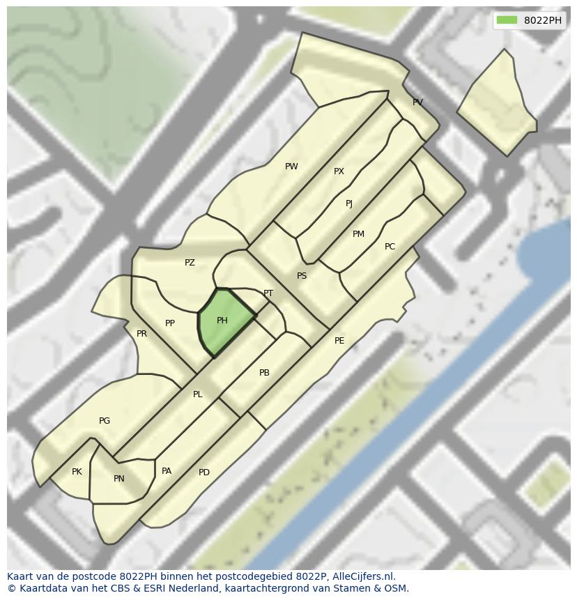 Afbeelding van het postcodegebied 8022 PH op de kaart.