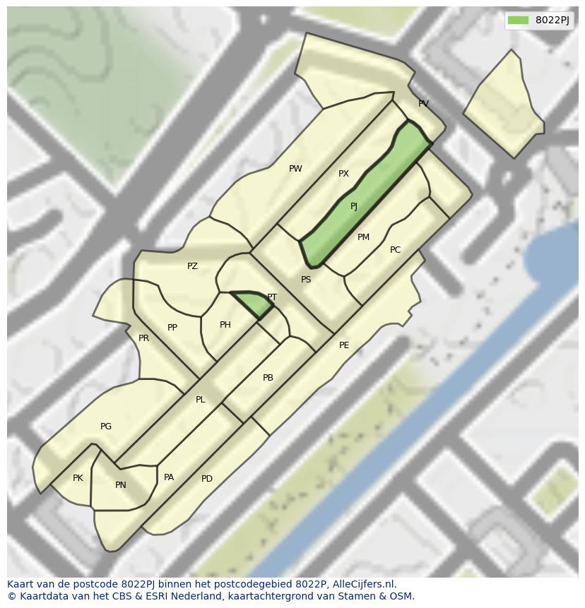Afbeelding van het postcodegebied 8022 PJ op de kaart.