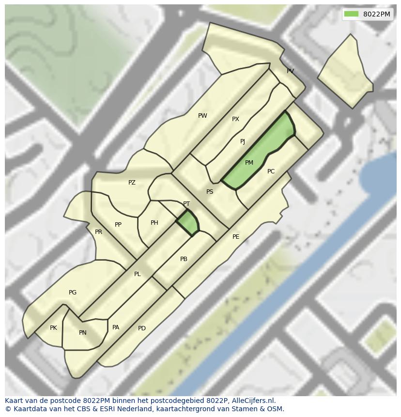 Afbeelding van het postcodegebied 8022 PM op de kaart.