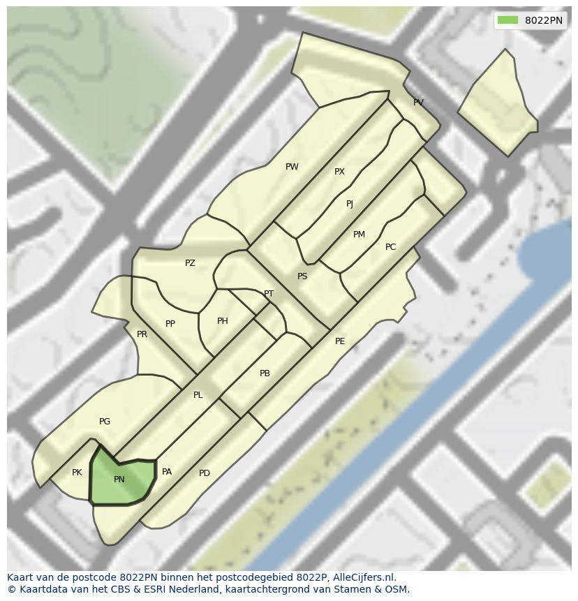 Afbeelding van het postcodegebied 8022 PN op de kaart.
