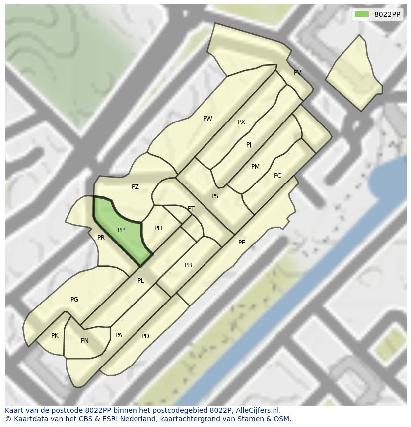 Afbeelding van het postcodegebied 8022 PP op de kaart.