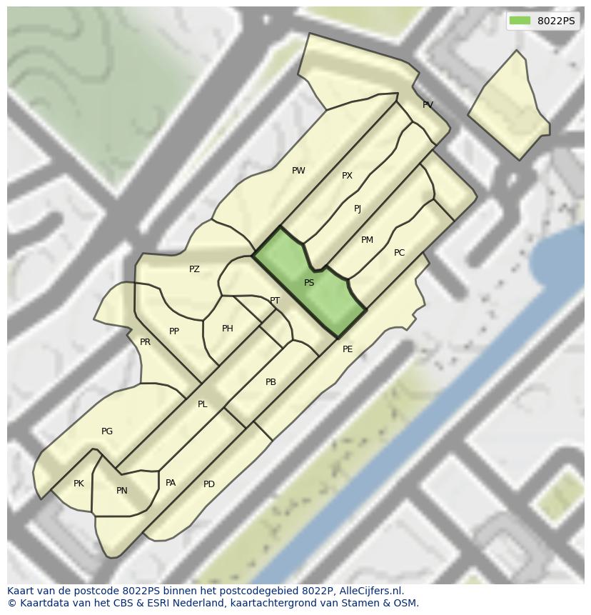 Afbeelding van het postcodegebied 8022 PS op de kaart.