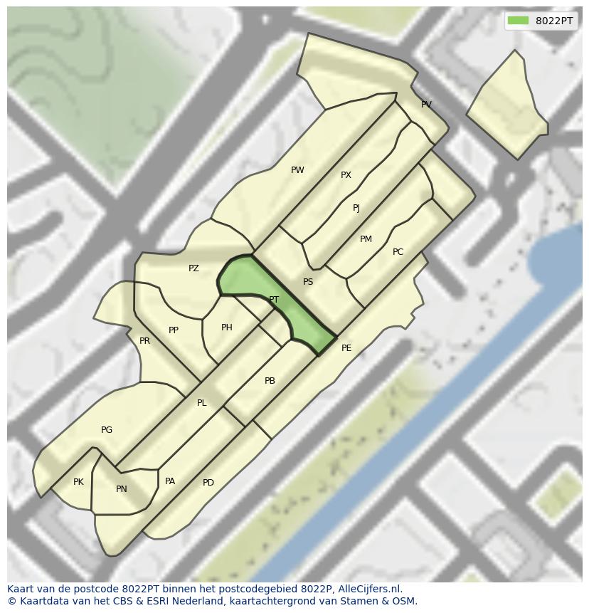 Afbeelding van het postcodegebied 8022 PT op de kaart.