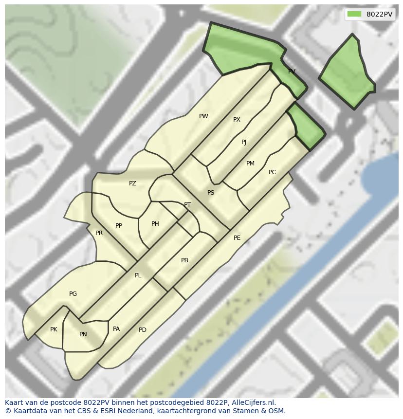 Afbeelding van het postcodegebied 8022 PV op de kaart.