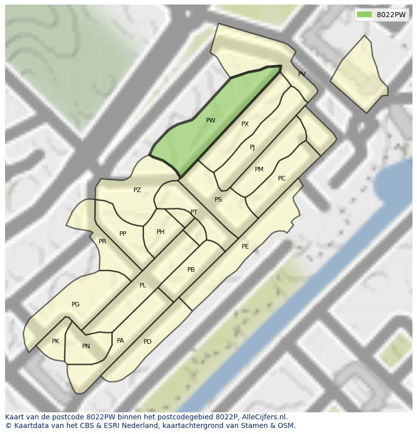 Afbeelding van het postcodegebied 8022 PW op de kaart.