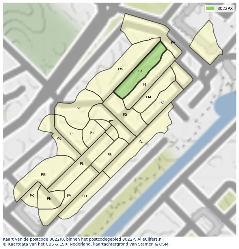 Afbeelding van het postcodegebied 8022 PX op de kaart.