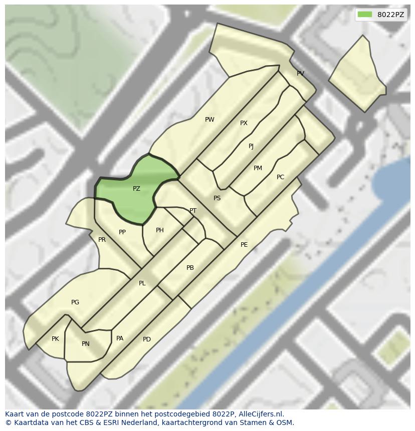 Afbeelding van het postcodegebied 8022 PZ op de kaart.