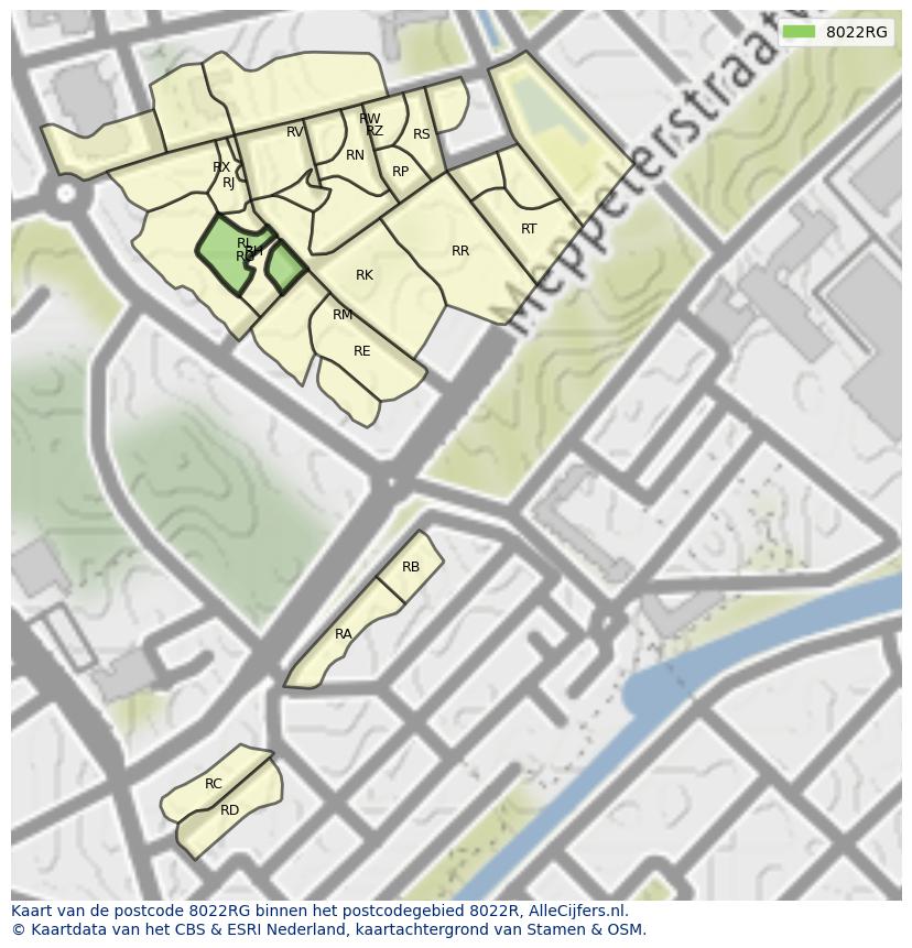 Afbeelding van het postcodegebied 8022 RG op de kaart.