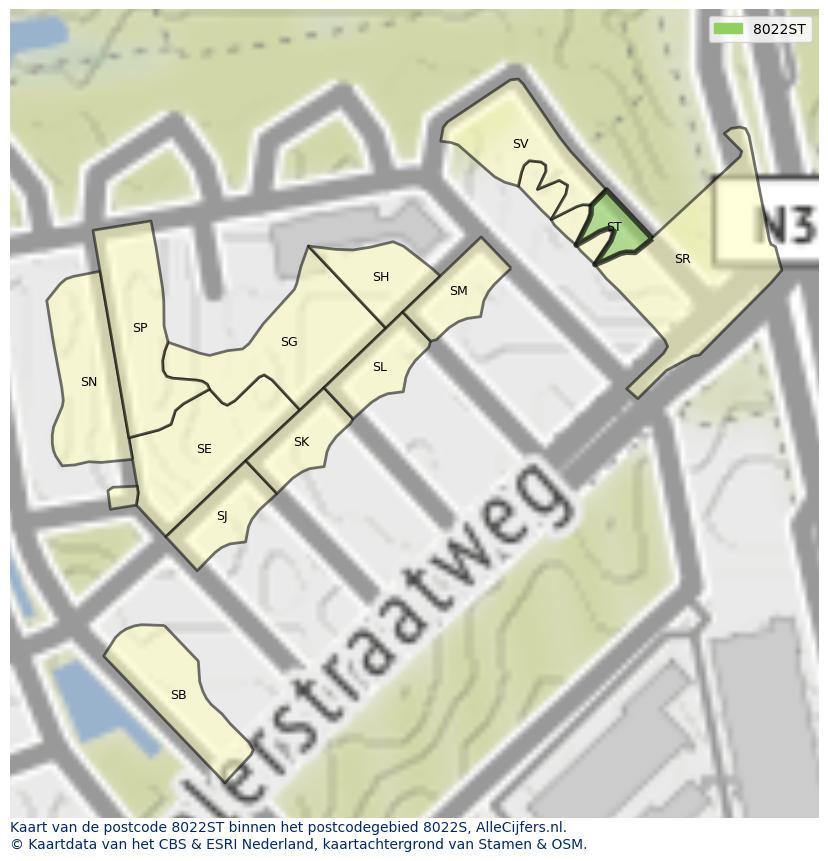 Afbeelding van het postcodegebied 8022 ST op de kaart.