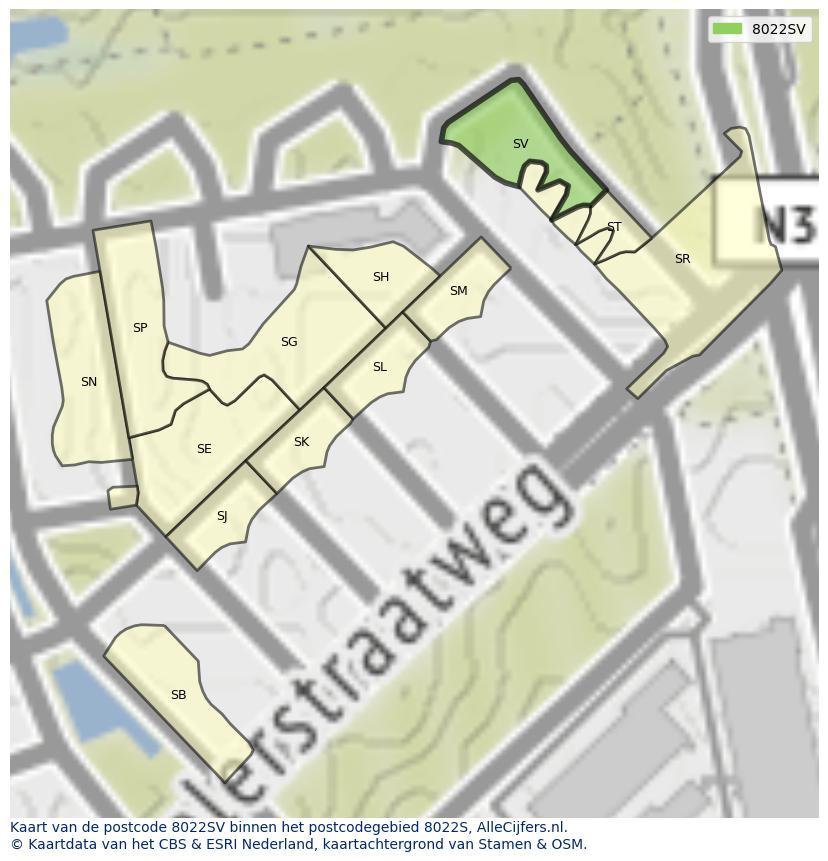 Afbeelding van het postcodegebied 8022 SV op de kaart.