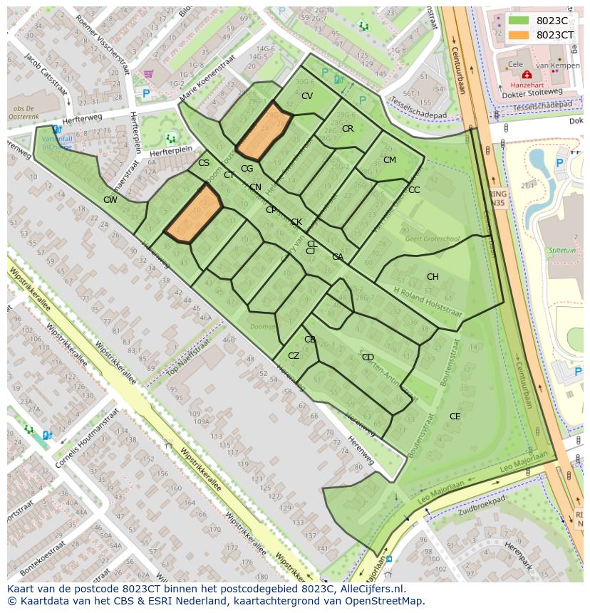 Afbeelding van het postcodegebied 8023 CT op de kaart.
