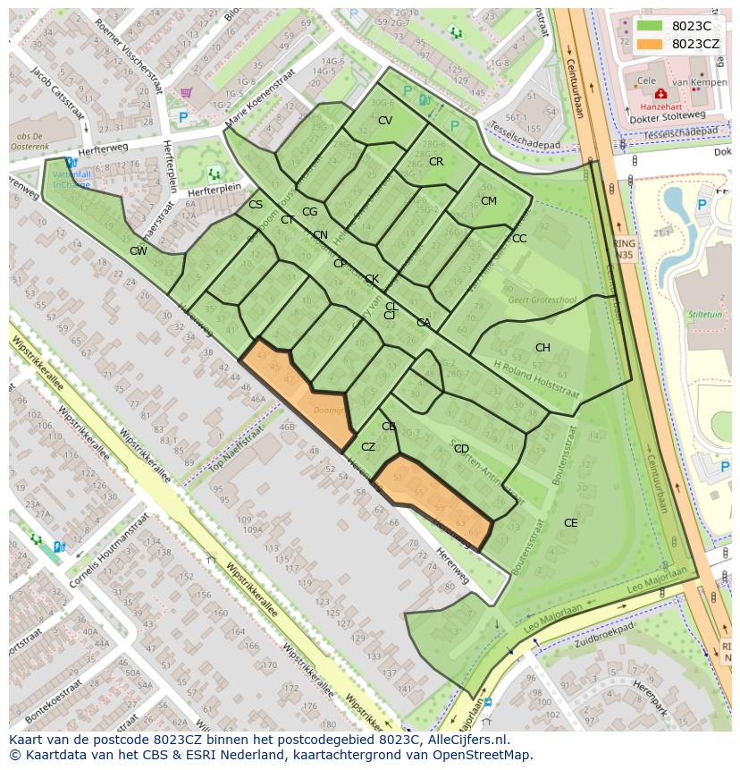 Afbeelding van het postcodegebied 8023 CZ op de kaart.