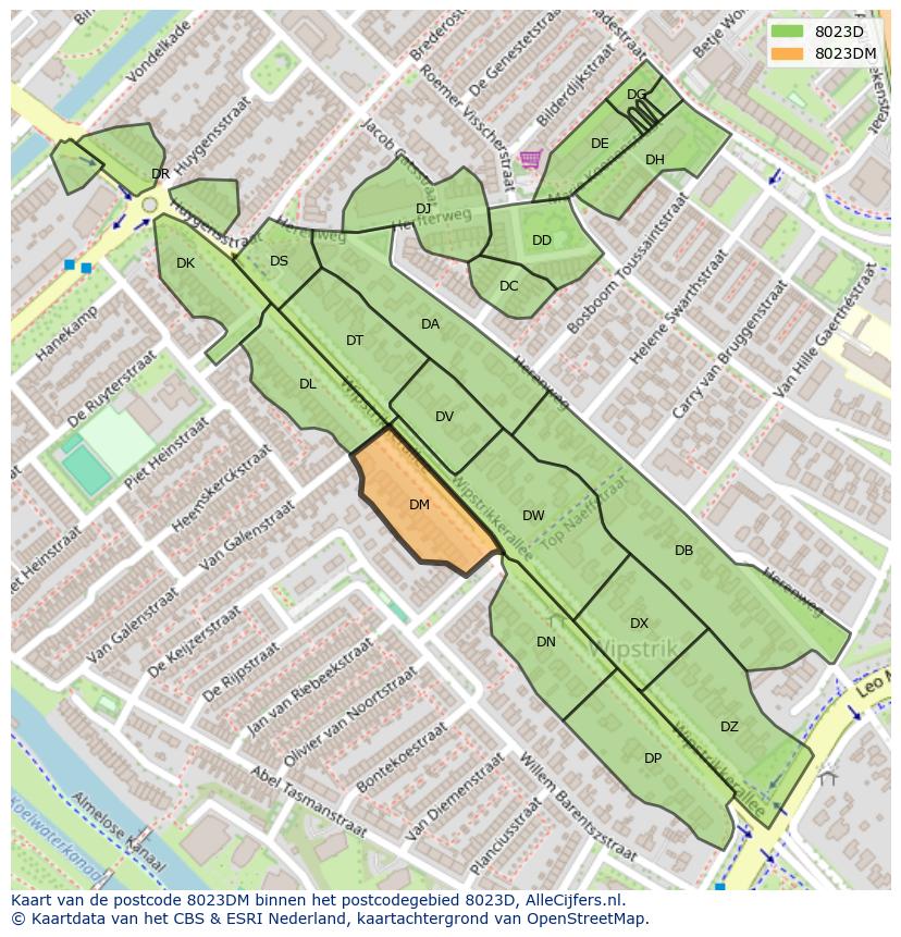 Afbeelding van het postcodegebied 8023 DM op de kaart.