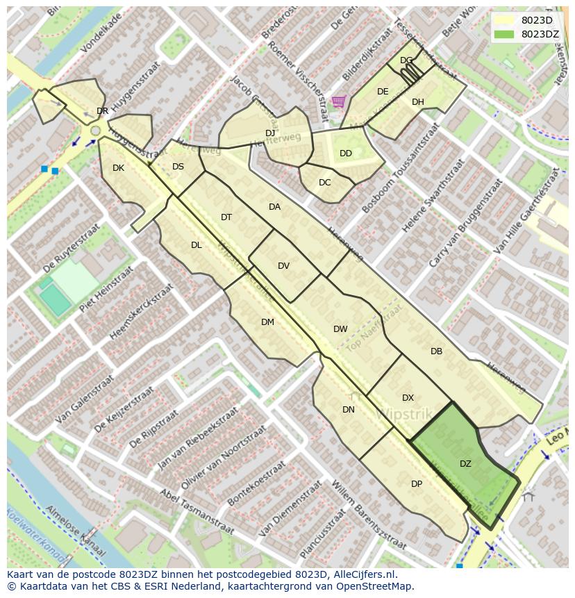 Afbeelding van het postcodegebied 8023 DZ op de kaart.