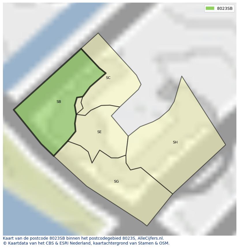 Afbeelding van het postcodegebied 8023 SB op de kaart.