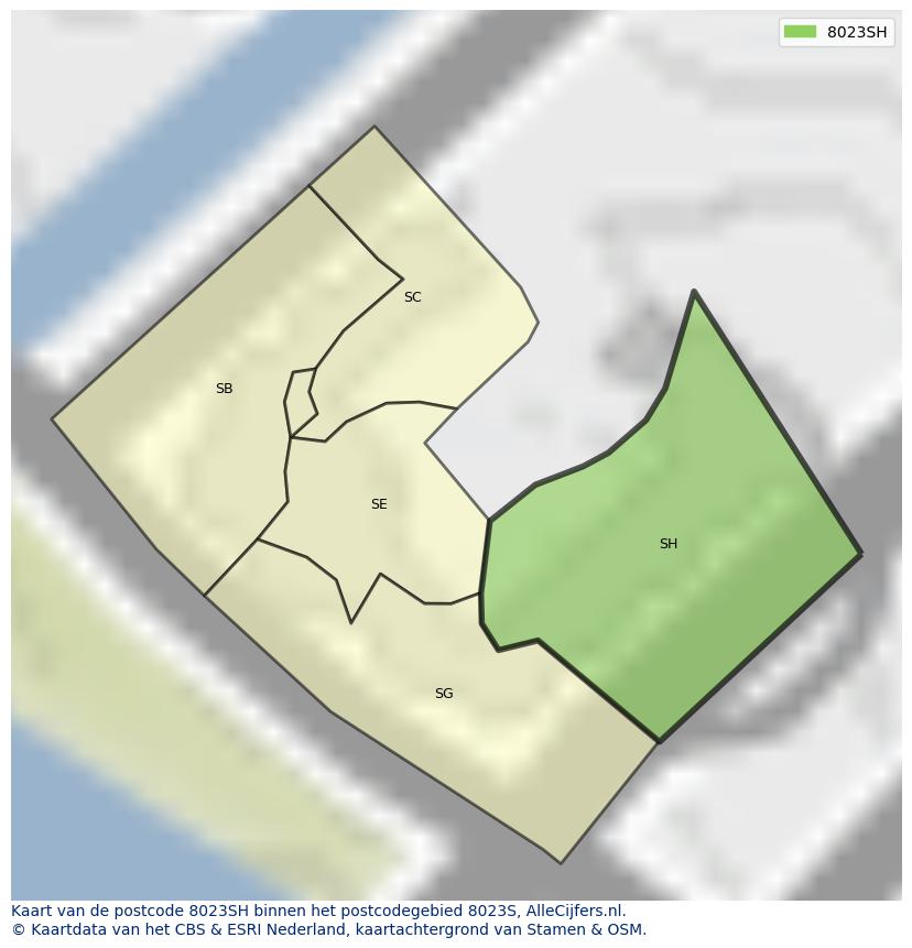 Afbeelding van het postcodegebied 8023 SH op de kaart.