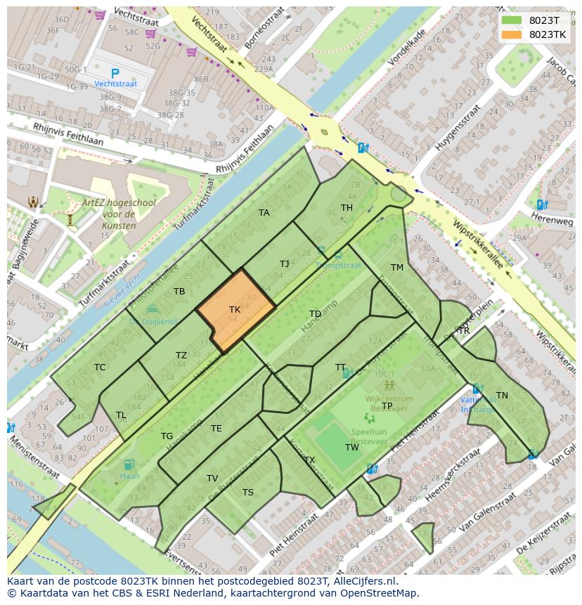 Afbeelding van het postcodegebied 8023 TK op de kaart.