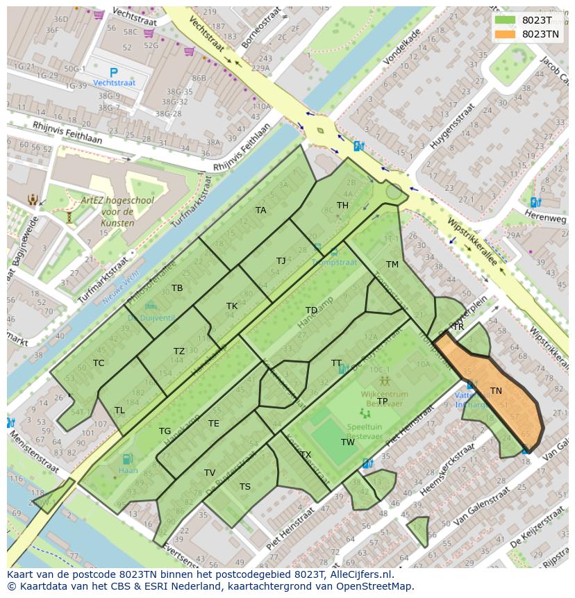 Afbeelding van het postcodegebied 8023 TN op de kaart.