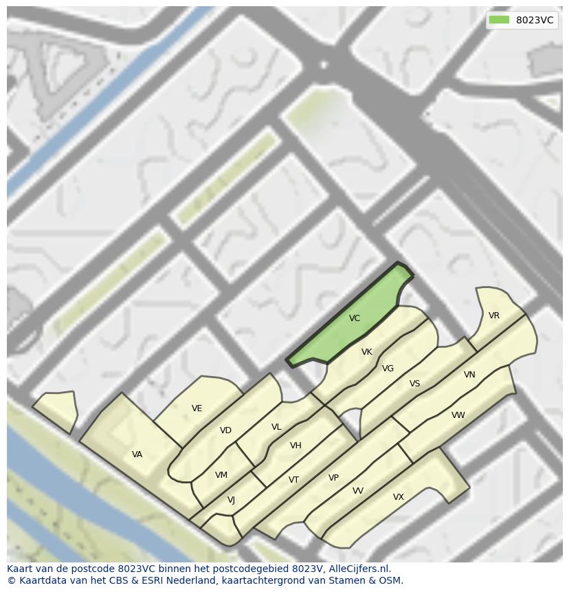 Afbeelding van het postcodegebied 8023 VC op de kaart.