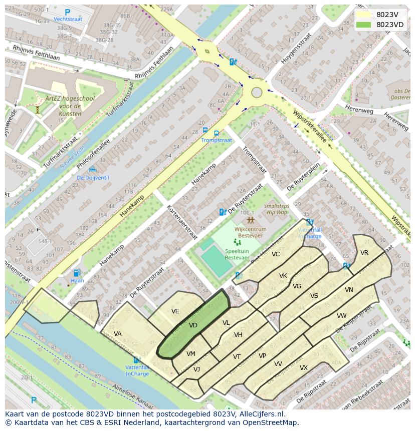 Afbeelding van het postcodegebied 8023 VD op de kaart.