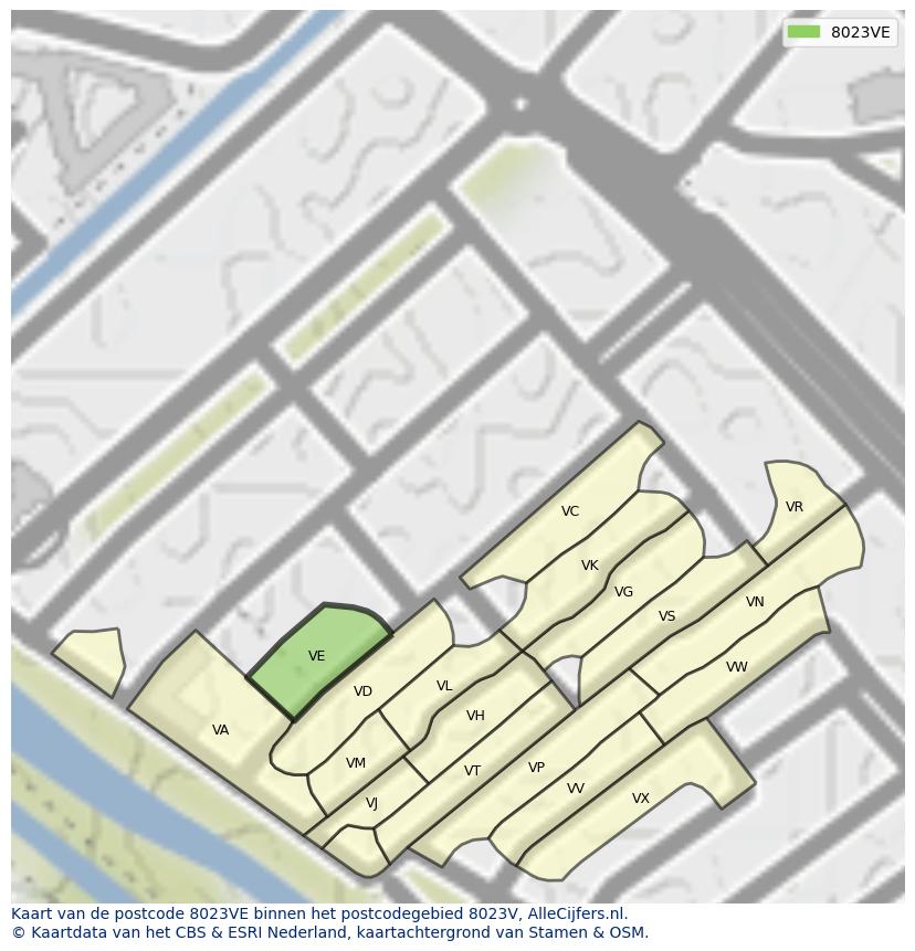 Afbeelding van het postcodegebied 8023 VE op de kaart.