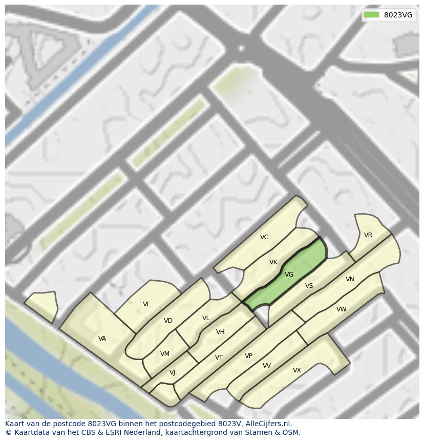 Afbeelding van het postcodegebied 8023 VG op de kaart.