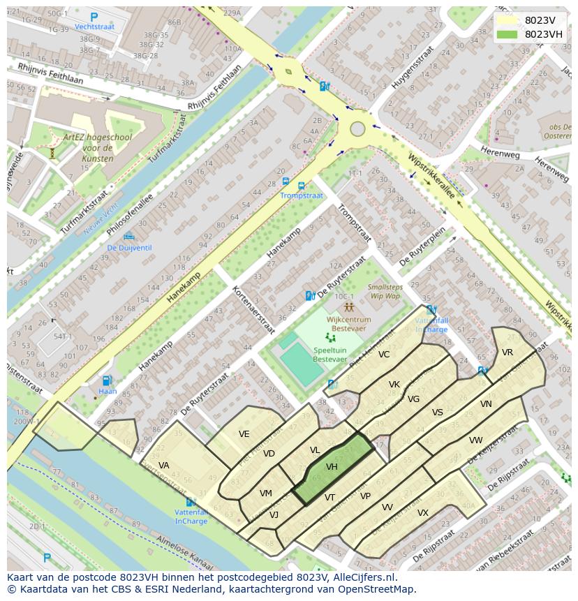 Afbeelding van het postcodegebied 8023 VH op de kaart.