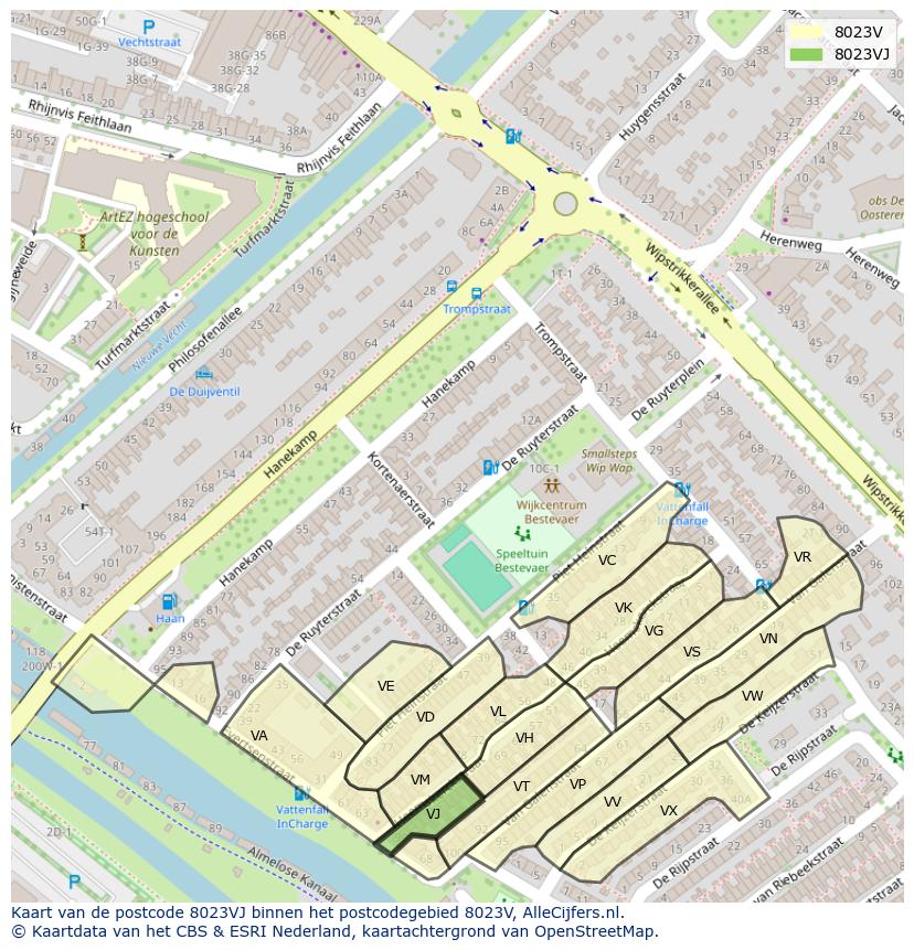 Afbeelding van het postcodegebied 8023 VJ op de kaart.