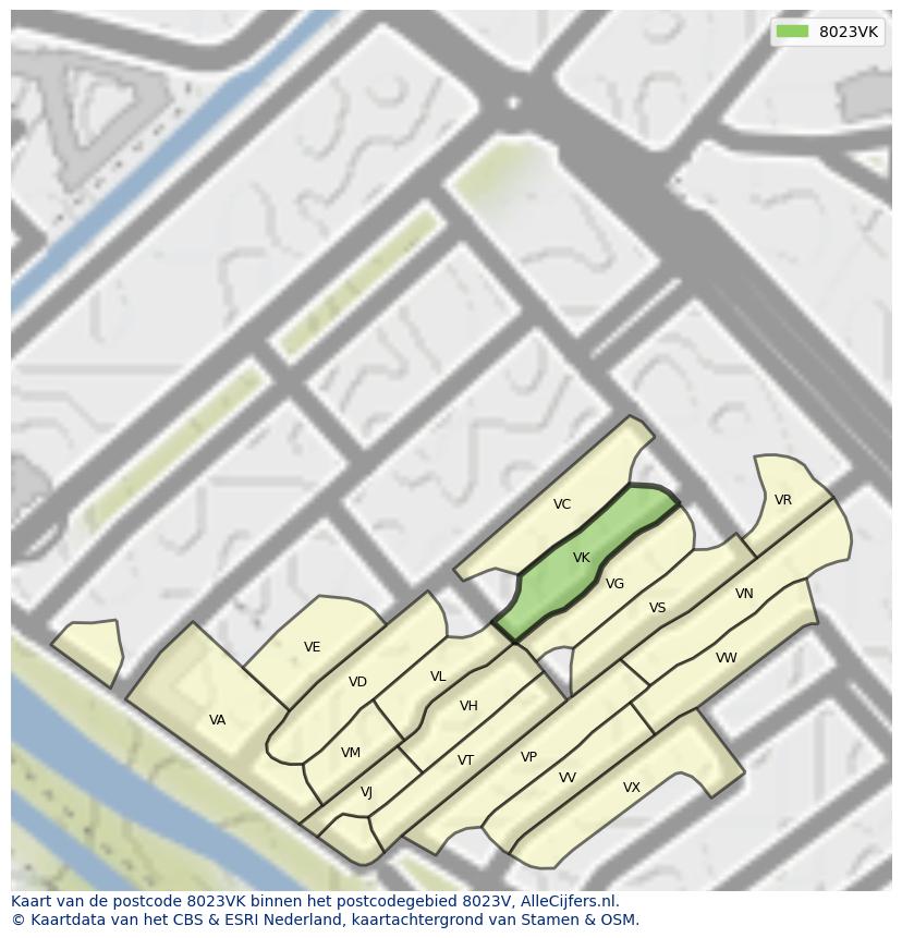 Afbeelding van het postcodegebied 8023 VK op de kaart.
