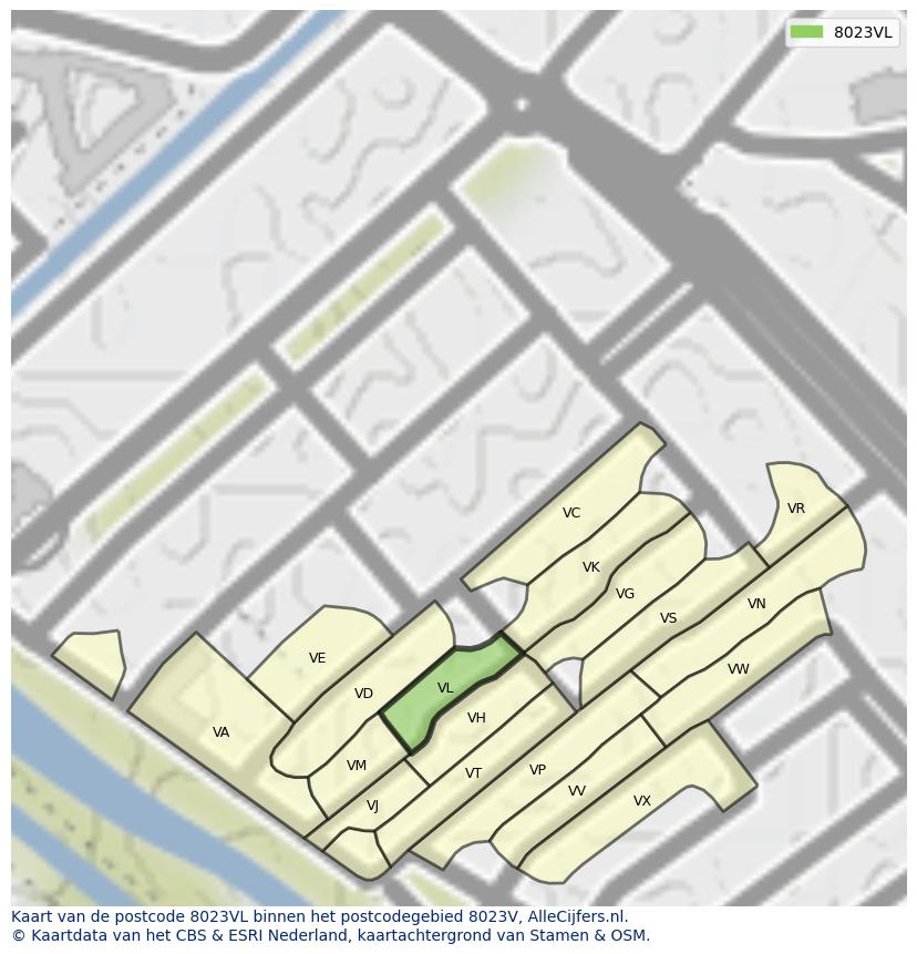 Afbeelding van het postcodegebied 8023 VL op de kaart.