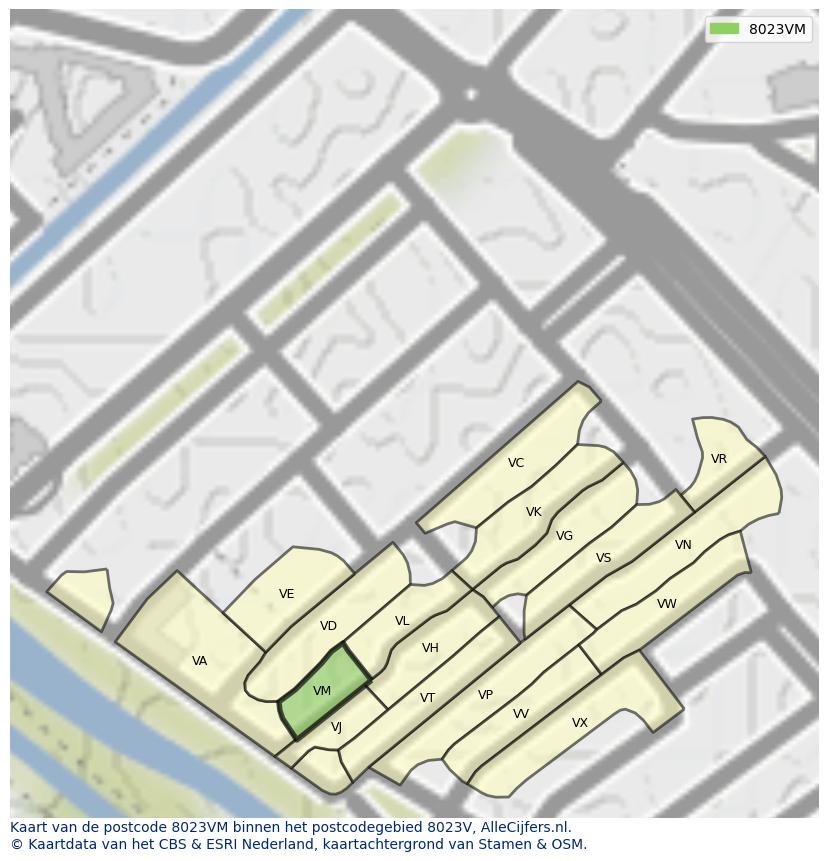 Afbeelding van het postcodegebied 8023 VM op de kaart.