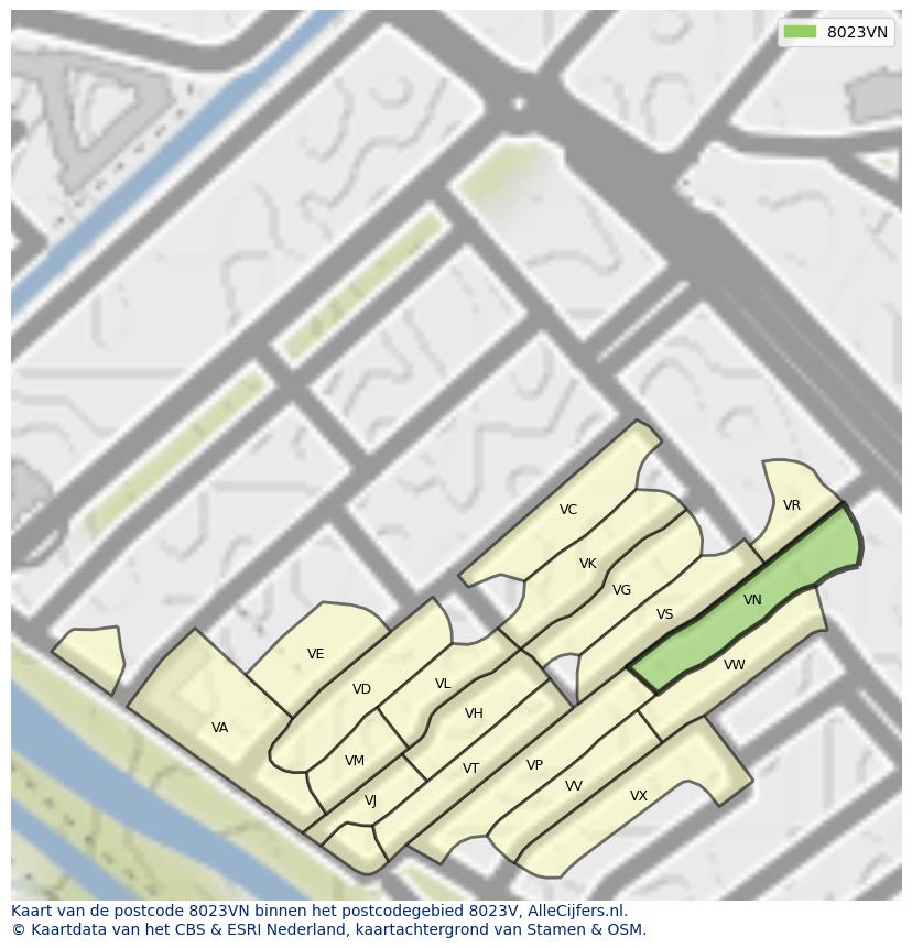 Afbeelding van het postcodegebied 8023 VN op de kaart.