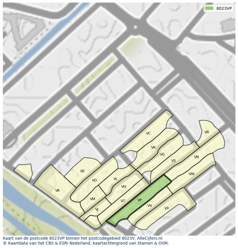 Afbeelding van het postcodegebied 8023 VP op de kaart.
