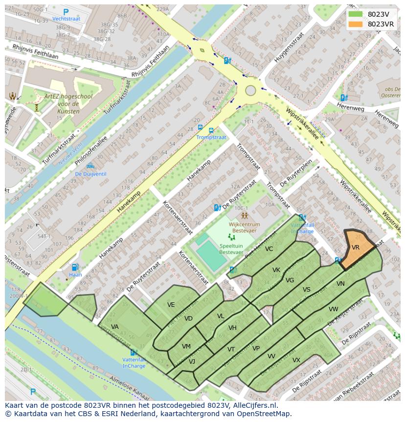Afbeelding van het postcodegebied 8023 VR op de kaart.