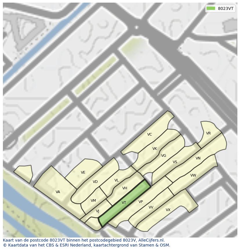 Afbeelding van het postcodegebied 8023 VT op de kaart.