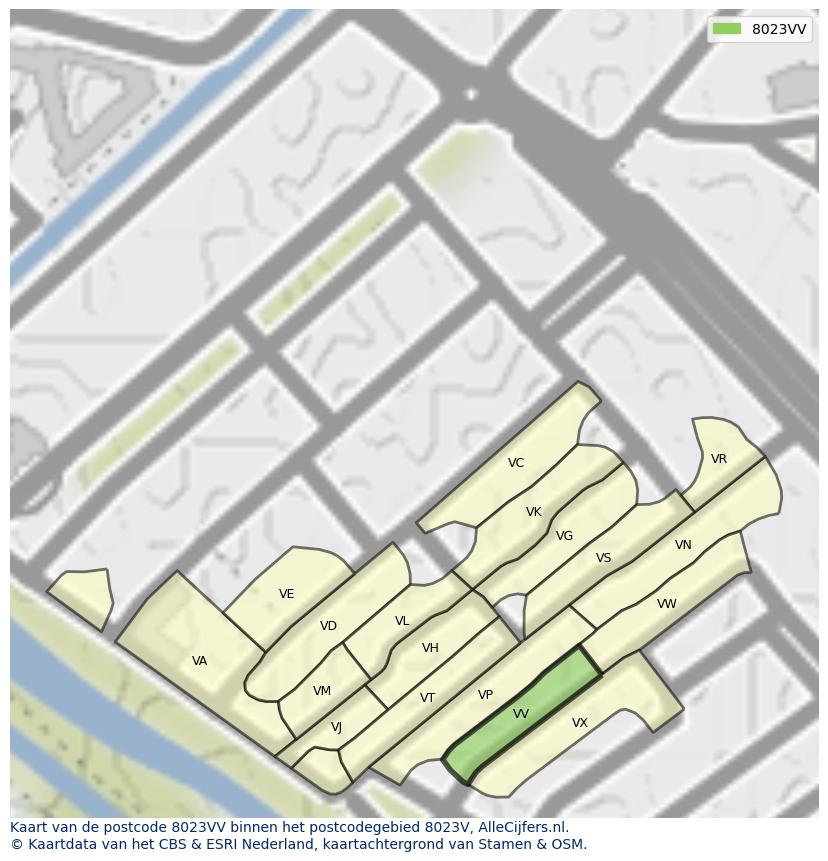 Afbeelding van het postcodegebied 8023 VV op de kaart.
