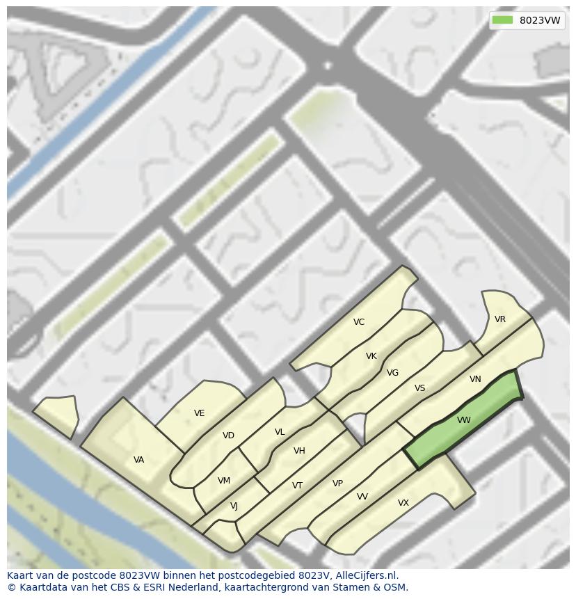 Afbeelding van het postcodegebied 8023 VW op de kaart.