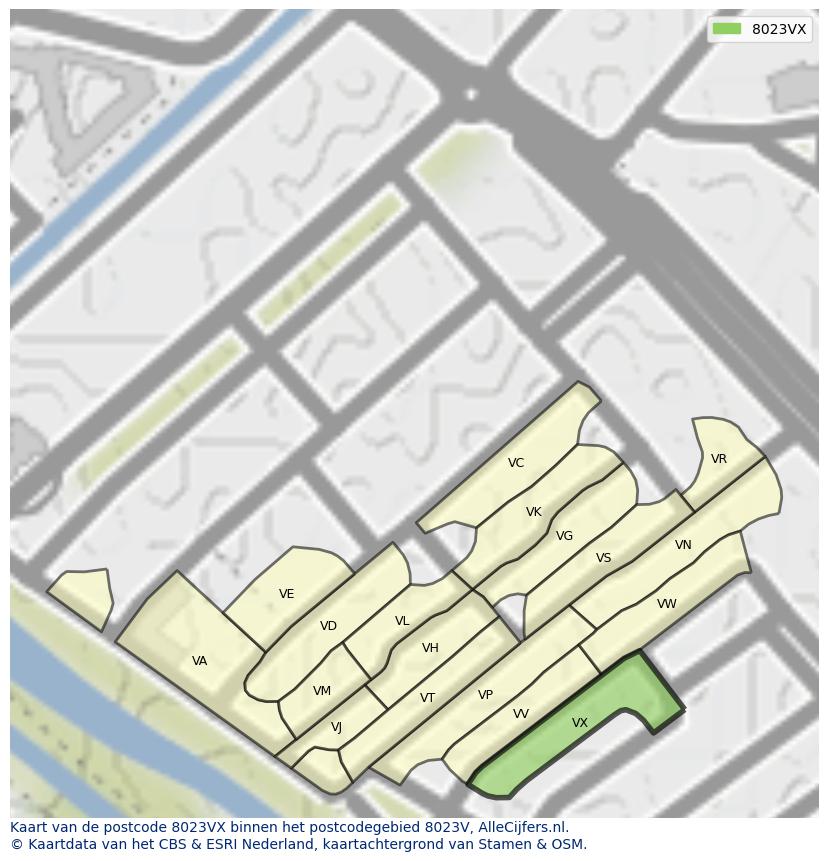 Afbeelding van het postcodegebied 8023 VX op de kaart.