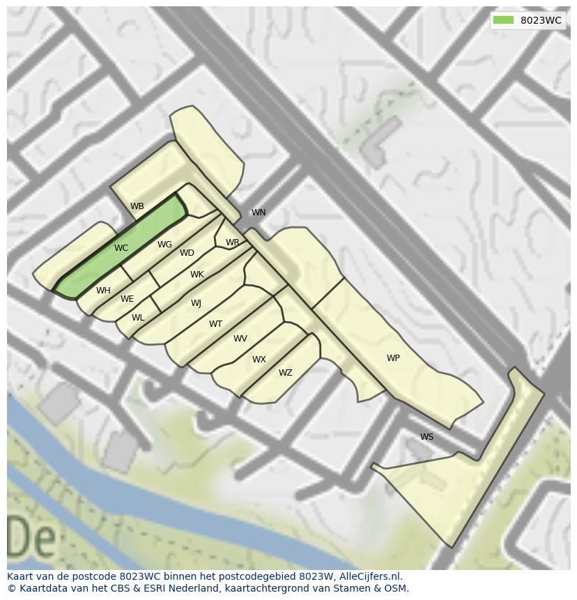 Afbeelding van het postcodegebied 8023 WC op de kaart.