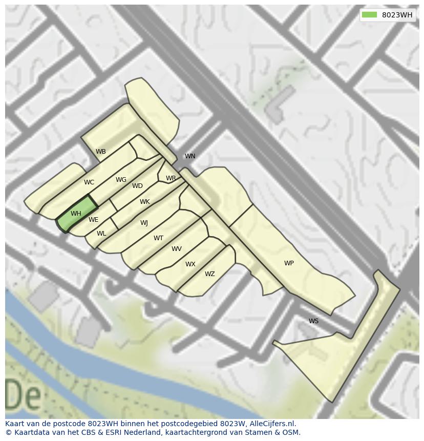 Afbeelding van het postcodegebied 8023 WH op de kaart.