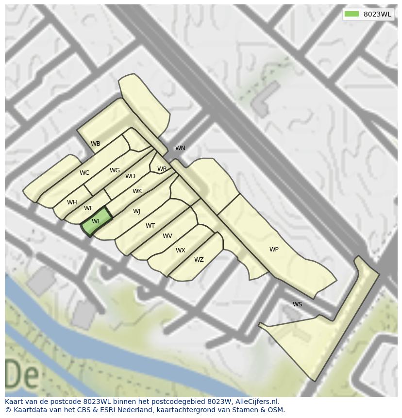 Afbeelding van het postcodegebied 8023 WL op de kaart.
