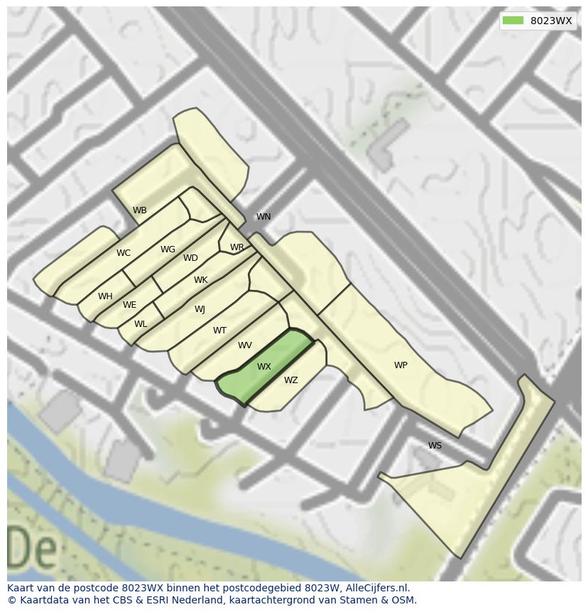 Afbeelding van het postcodegebied 8023 WX op de kaart.