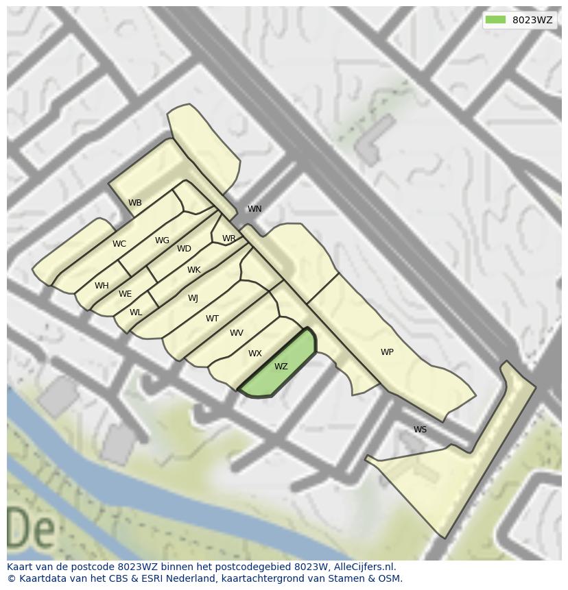 Afbeelding van het postcodegebied 8023 WZ op de kaart.