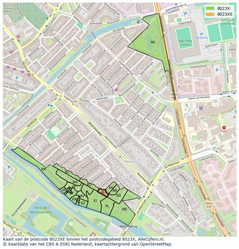 Afbeelding van het postcodegebied 8023 XE op de kaart.
