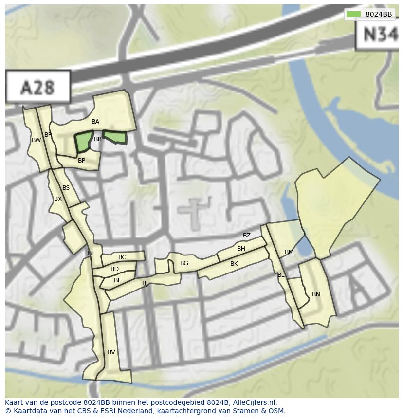 Afbeelding van het postcodegebied 8024 BB op de kaart.