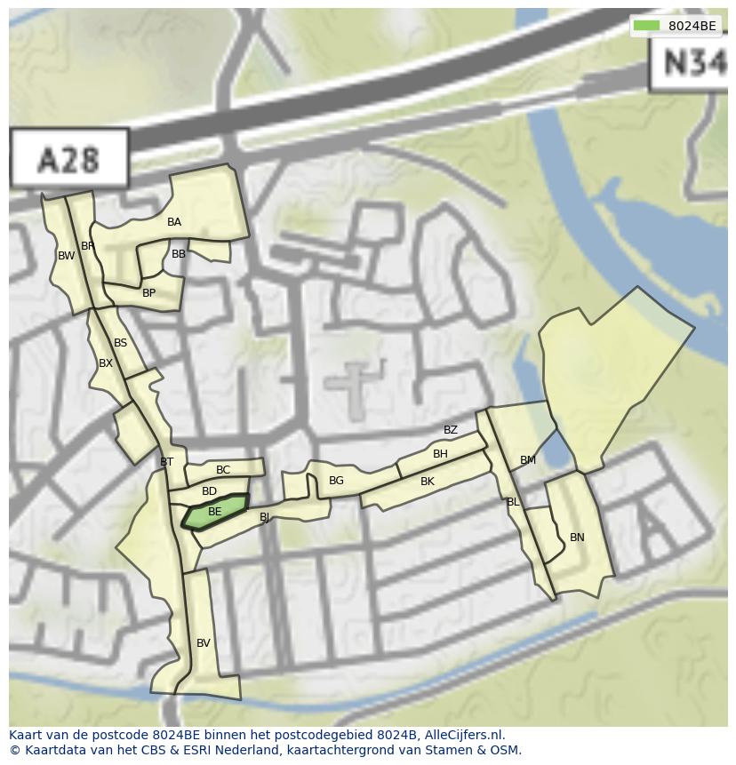 Afbeelding van het postcodegebied 8024 BE op de kaart.